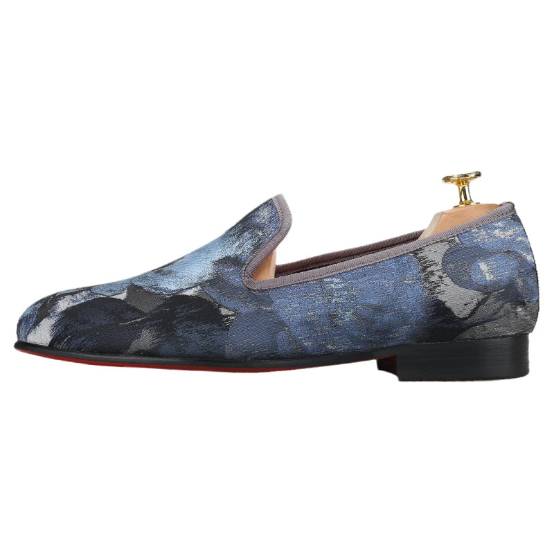 Piergitar 2023 New Abstract Printed Cotton Men's Loafers For Party Handmade Slip-On Moccasins Red Outsoles Smoking Slippers