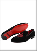 New Style Black Velvet Moccasins Embroidered Skull Design Slip-On Smoking Shoes for Men