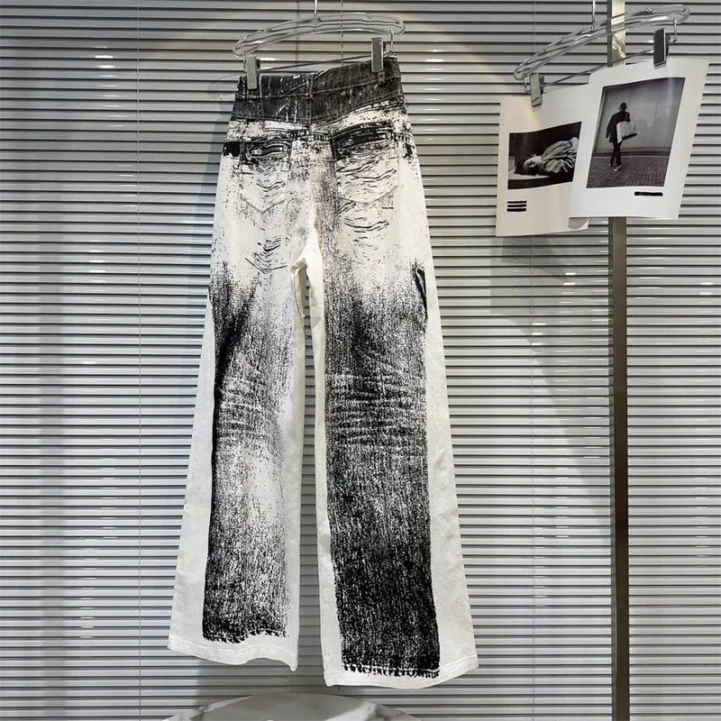 Women's Pattern Printed Distressed Dirty White Jeans