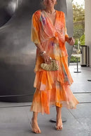 2025 Summer New Elegant Women's Chiffon Dress Fashionable Printed V-neck Short-sleeved Layered Ruffle Loose Lace-up Long Skirt