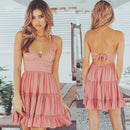 Deep Neck Backless A-Line Summer Embroidery Laces Mini Dresses Woman White pink Spaghetti Strap Beach Wear
