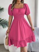 2024 New Fashion Solid Puff Sleeve Square Neck Ruched Bust Ruffle Hem Wasit Dress, Women's Clothing
