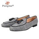 Piergitar Gray Color Gingham Cotton Men's Loafers With Leather Tassels Fashion Party Handmade Smoking Slippers Slip-On Flats