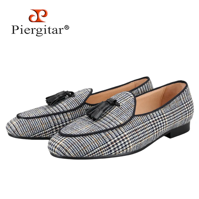 Piergitar Gray Color Gingham Cotton Men's Loafers With Leather Tassels Fashion Party Handmade Smoking Slippers Slip-On Flats