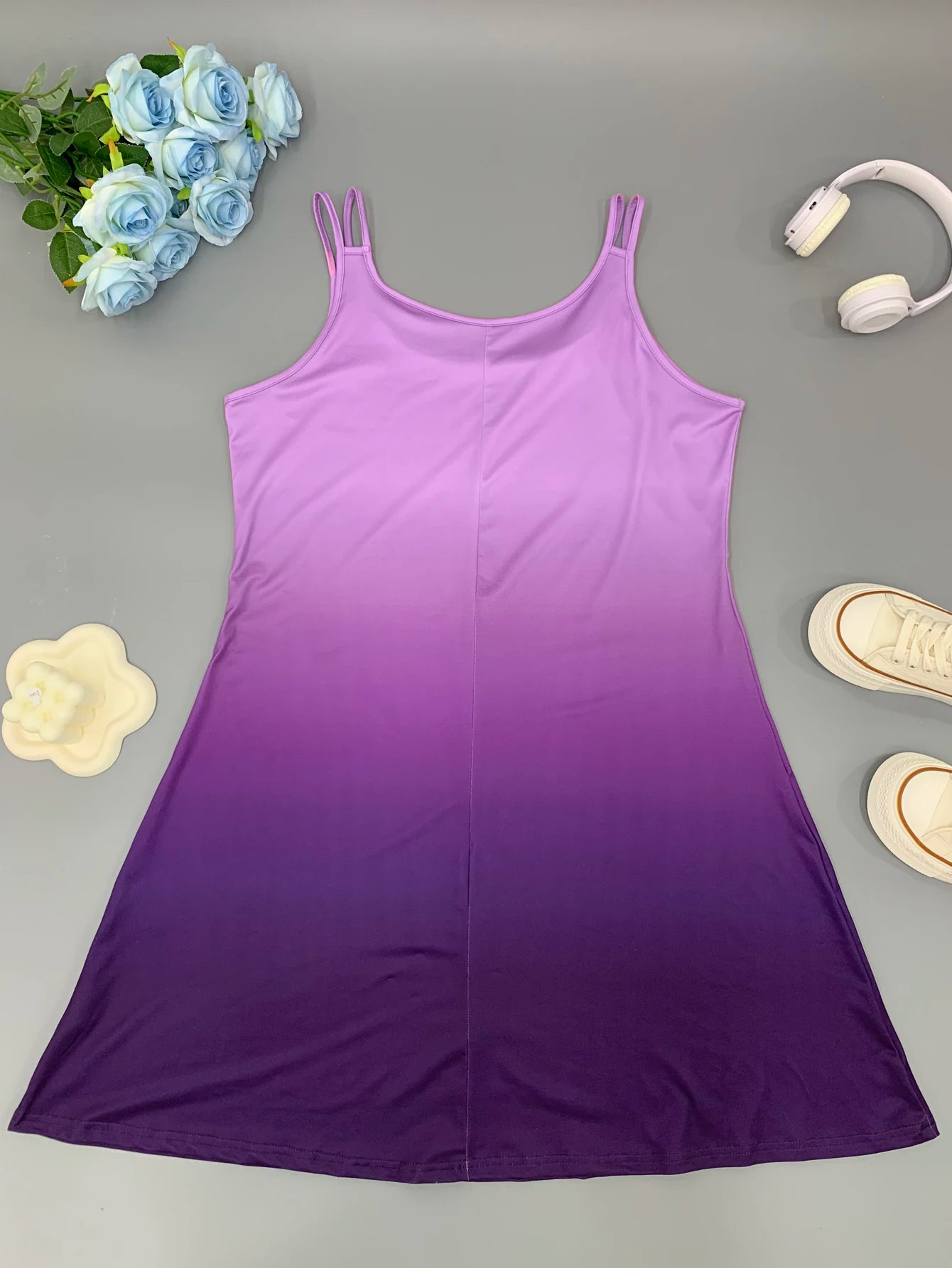 Plus size women's shoulder strap dress round neck fashionable gradient printed casual suspender vest dress for women