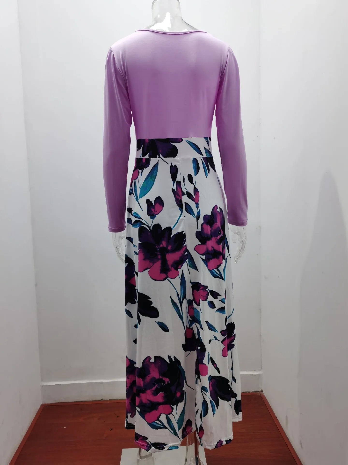 2023 European and American style floral print color matching long sleeved dress, long women's large swing skirt