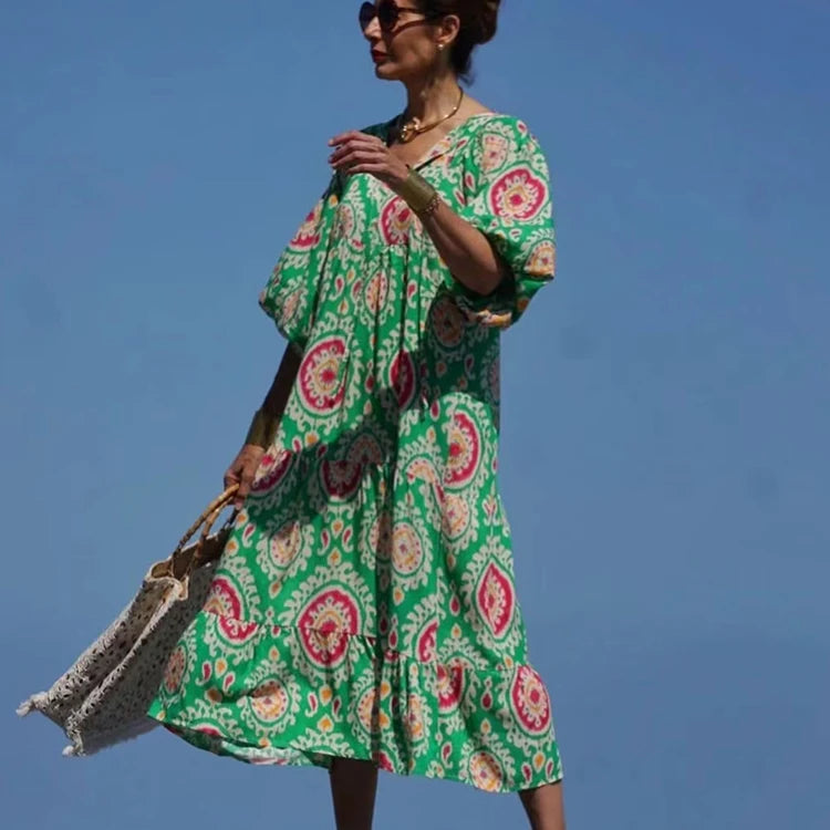 Women Dress Summer Puff SleeveBoho V Neck Printing Long Dress LooseHoliday Beach Female Casual FloralDresses Party Vestidos