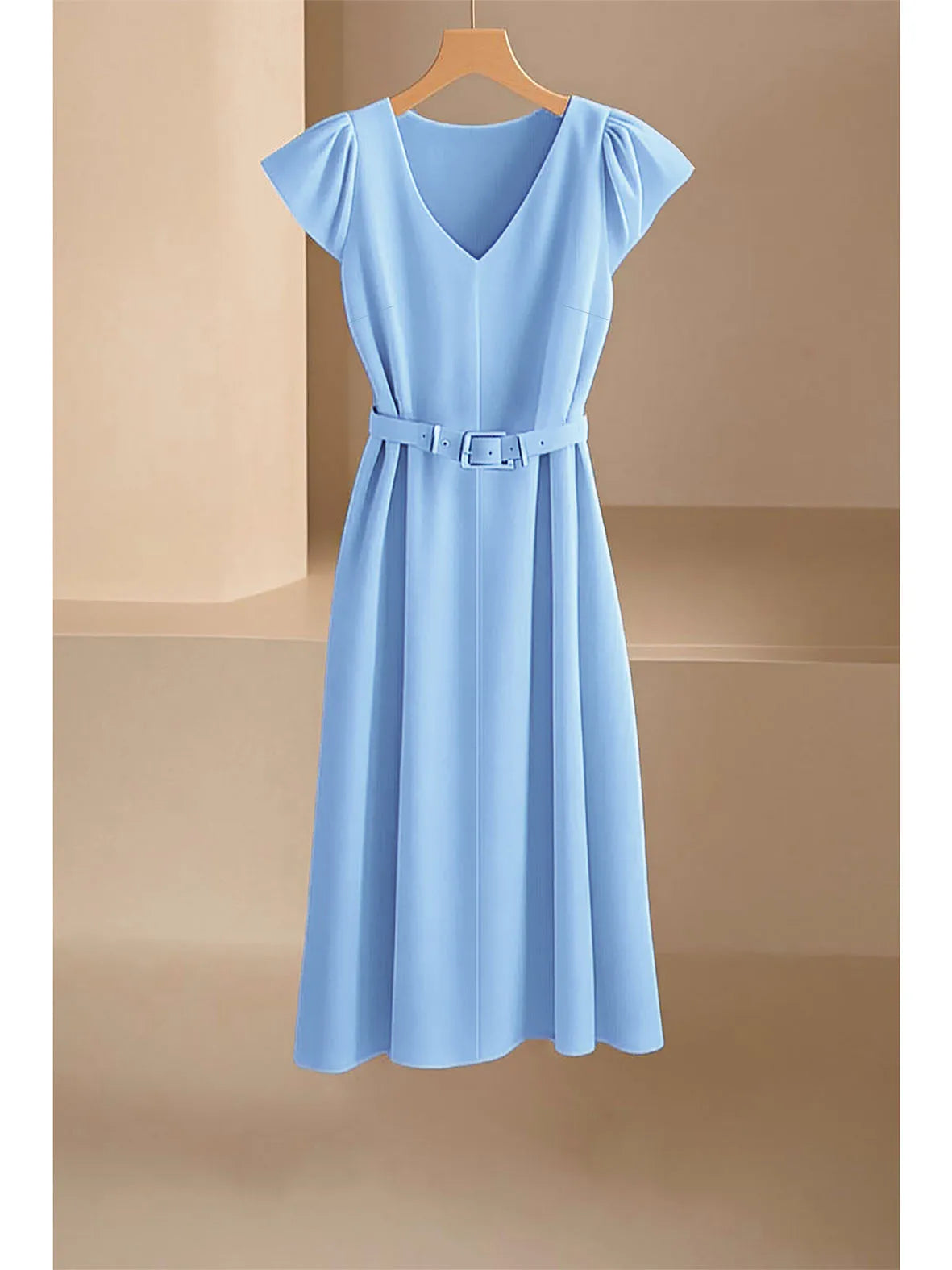 2024 Spring Summer Women's V-Neck Midi Dress Soft Stretch Office Casual Chic Solid Color No Belt Included