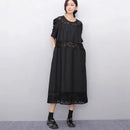 Lace Joined Loose Fit Korean Style Woman 2025 Summer Round Neck Short-Sleeve Black Pullover Dress Gorgeous Big Size Robe JKXD008