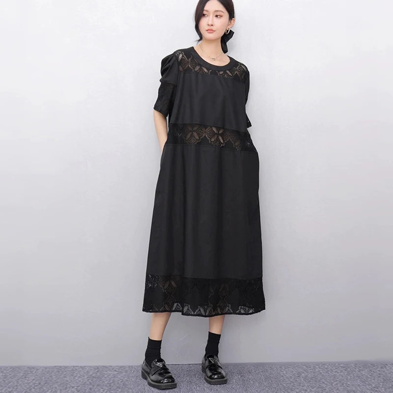 Lace Joined Loose Fit Korean Style Woman 2025 Summer Round Neck Short-Sleeve Black Pullover Dress Gorgeous Big Size Robe JKXD008