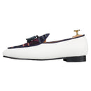Men's Loafers in Classic Handmade Leather Tassels, Ivory Color Canvas Mix Ethnic Style Cotton