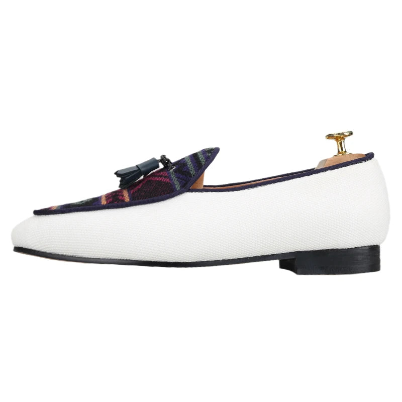 Men's Loafers in Classic Handmade Leather Tassels, Ivory Color Canvas Mix Ethnic Style Cotton