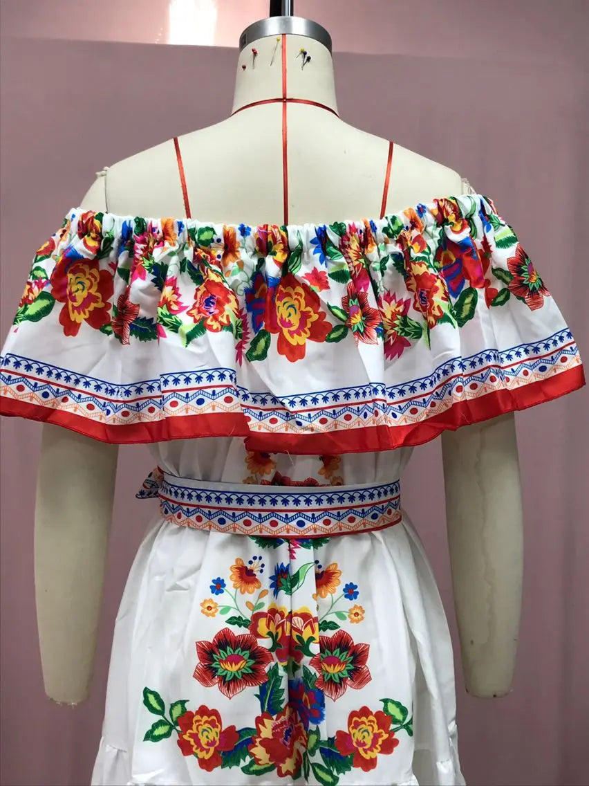 2024 Spring/Summer New Women Retro Fashion One Shoulder Red Flower Printed Waist Collection Long Style Large Swing Casual Dress