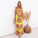 2024 Spring/Summer New Women Retro Fashion One Shoulder Red Flower Printed Waist Collection Long Style Large Swing Casual Dress
