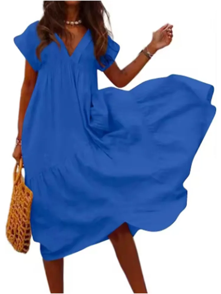 Casual Loose Short Sleeved V-neck Solid Color Women's Dress High Street Fashion Dating Vacation Summer Dress