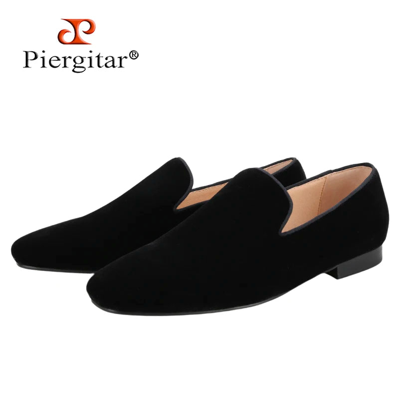 Piergitar Black Color Men Velvet Flats Shoes For Wedding And Party CL Brand Same Square Toe Slip-On Loafers Red Bottom Slippers