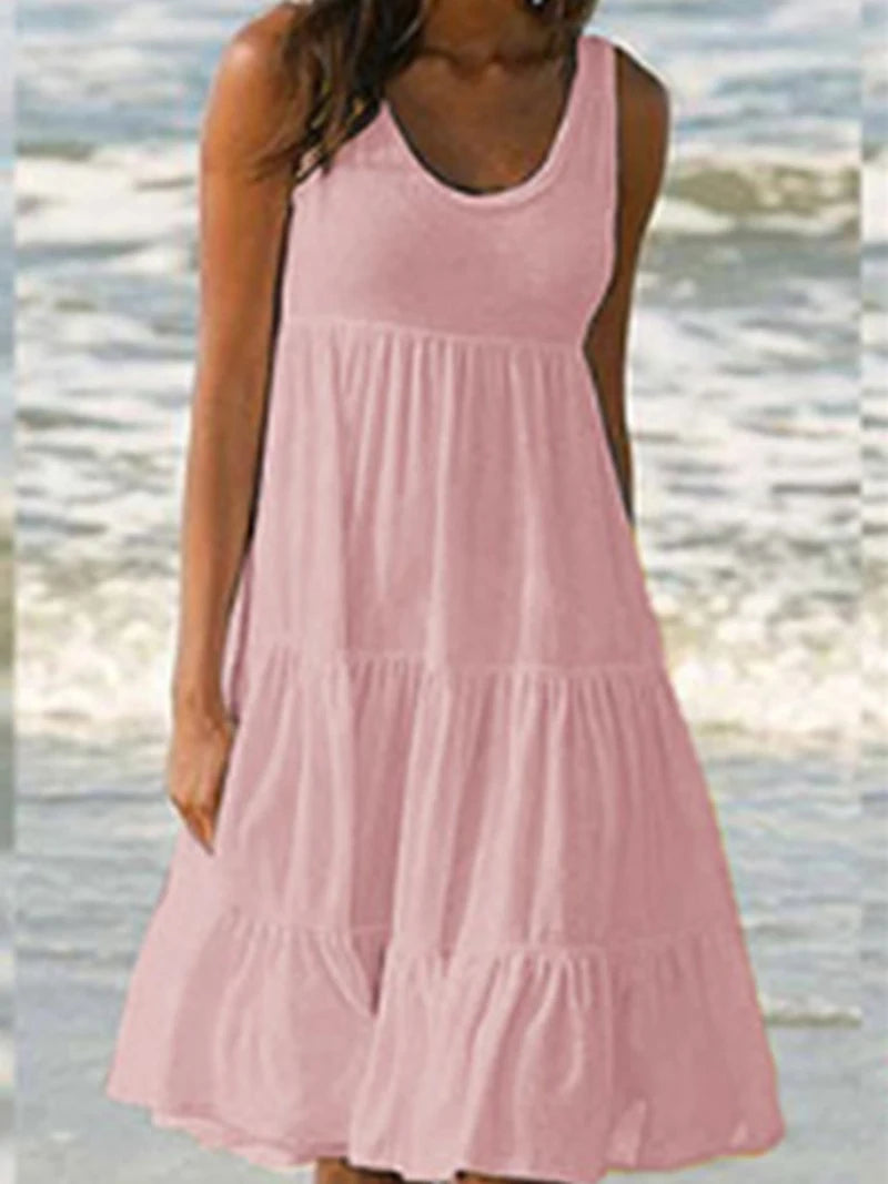 Women Causual O Neck Sleeveless Ruffles Mini Dress Boho Solid Beach Sundress Oversized Loose Dress 2023 Summer