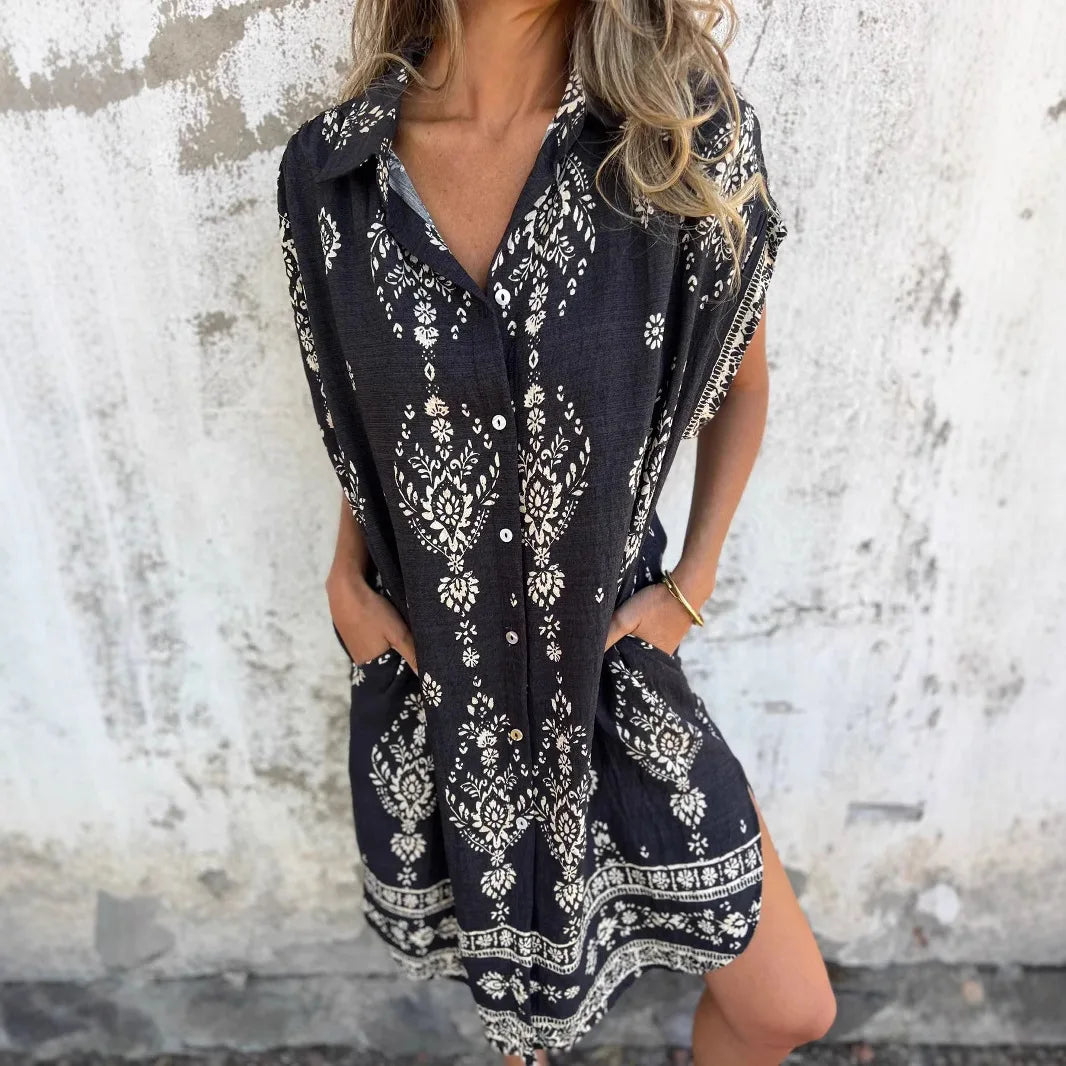 2025 New Women's Shirt Dress Loose Button Cardigan Fashion Printed Short Sleeve Pocket Cotton Linen Blend Vacation Beach Skirt