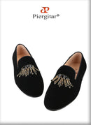 Piergitar Black Color Men Velvet Shoes With Handmade Rhinestones Buckle For Party And Wedding Classic Model Slip-On Loafers