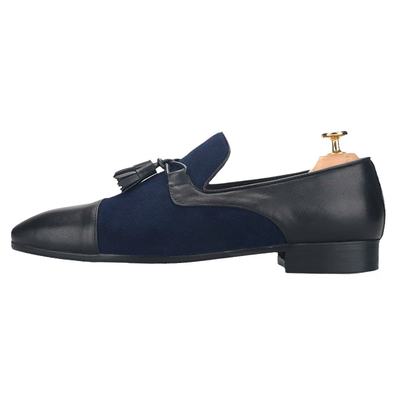 Piergitar 2023SS Navy Suede And Black Calfskin Leather Slippers With Handmade Tassels Italian Design Classic Men's Loafers