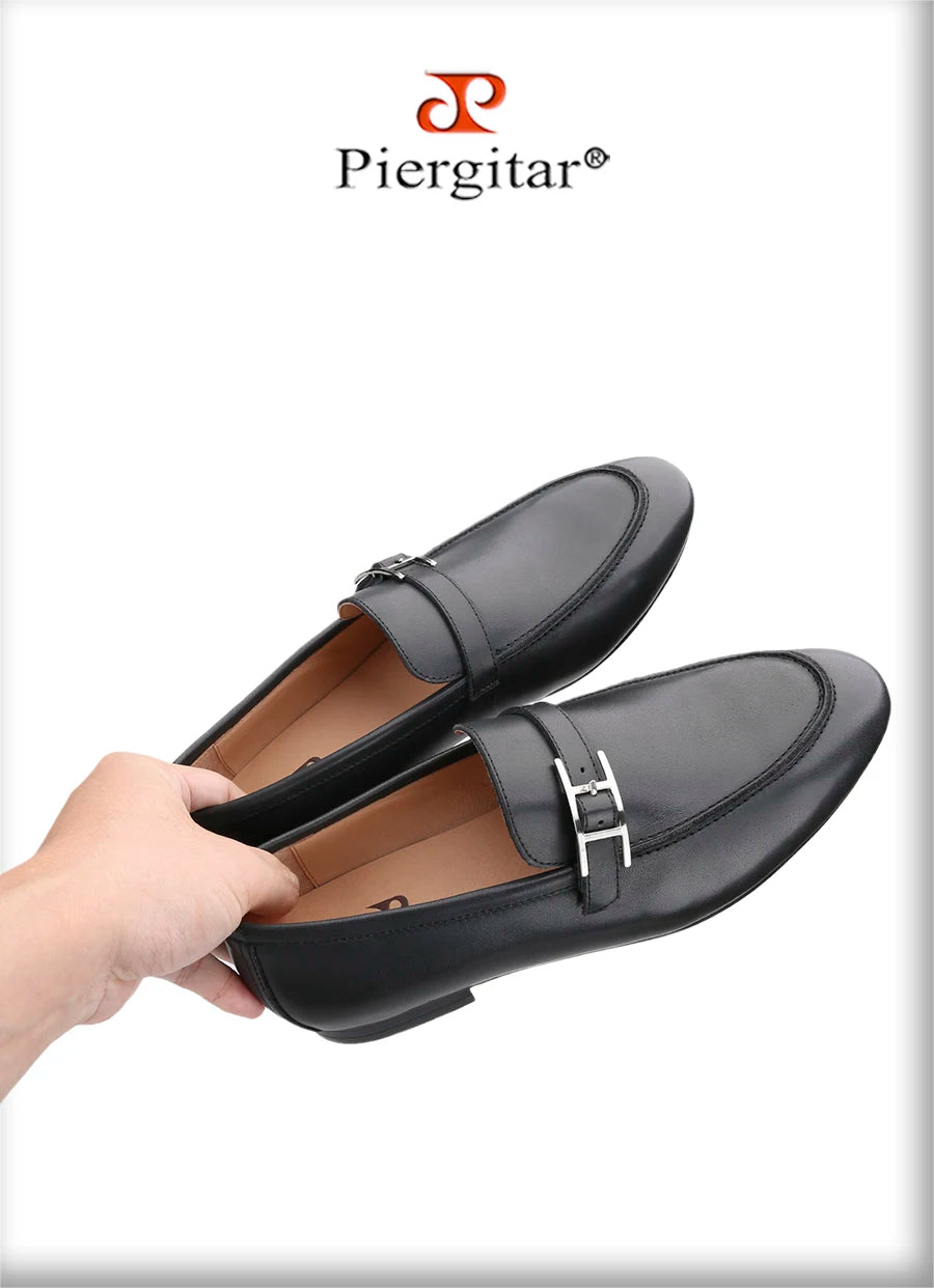 Piergitar Black Napa Calfskin Men Loafers Luxury Brand Same Style Customized Metal Buckles With Letter "H" Formal Leather Shoes