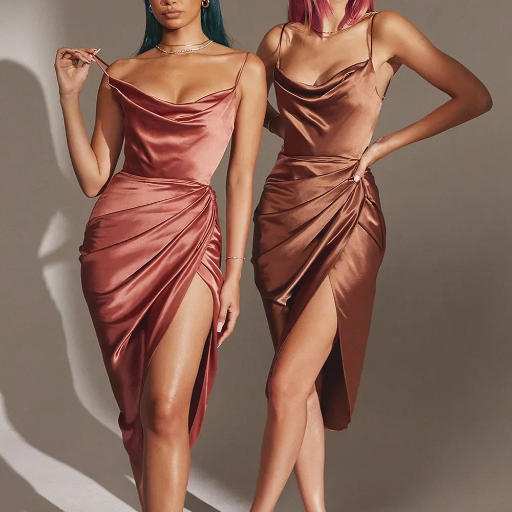 Satin Drawstring Spaghetti Strap Backless Dresses