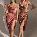 Satin Drawstring Spaghetti Strap Backless Dresses