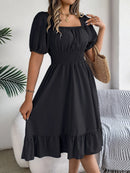 2024 New Fashion Solid Puff Sleeve Square Neck Ruched Bust Ruffle Hem Wasit Dress, Women's Clothing