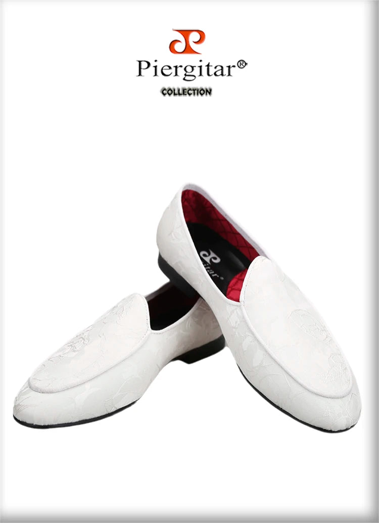 Piergitar 2022 New Black And White Color Three-Dimensional Thread Flower Silk Men's Loafers Handmade Moccasin For Party/Wedding