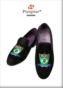 Piergitar Handmade Embroidery Of Four Powerful Football Countries Black Velvet Men Loafers Genuine Leather InSoles And Outsoles