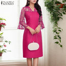Women Summer Lace Patchwork Dresses ZANZEA Elegant Party Work Dress Fashion 3/4 Flared Sleeve V-Neck Satin Vestidos Robe Femme