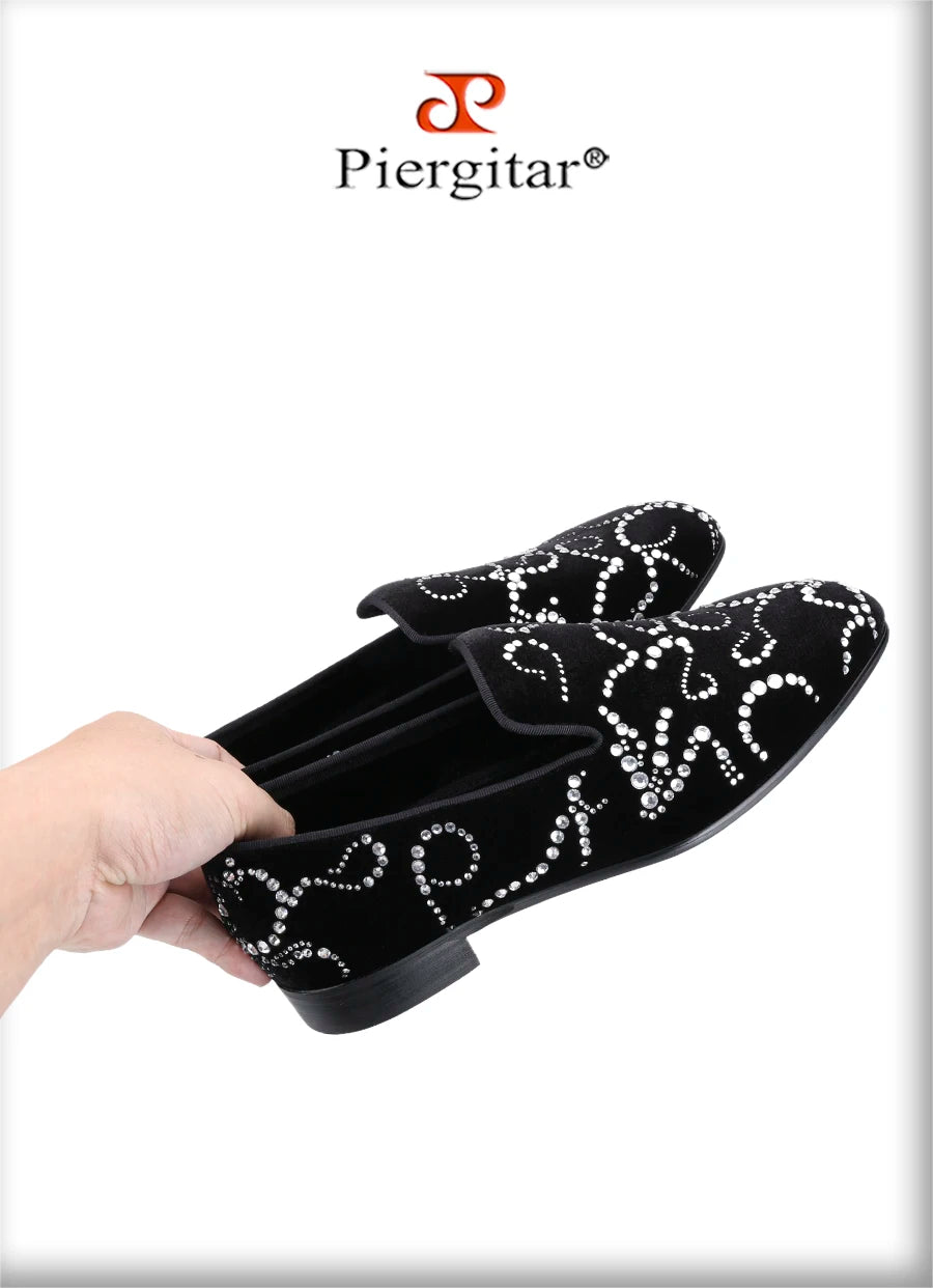 Piergitar Black Velvet And Octodandelion Strass Loafers Luxury Brand Same Design Red Bottom Handmade Crystals Men's Moccasins