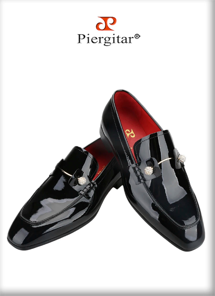 Piergitar Black Patent Calf Leather Men's Loafers With Silver Balls Crystals Buckles Handmade Moccasins For Wedding Or Prom Wear