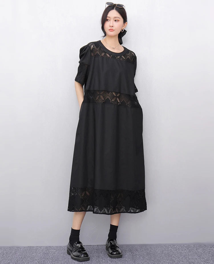 Lace Joined Loose Fit Korean Style Woman 2025 Summer Round Neck Short-Sleeve Black Pullover Dress Gorgeous Big Size Robe JKXD008