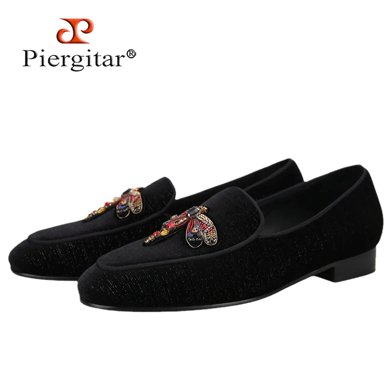 Piergitar 2022 Handmade Rhinestone Sequin Dragonfly Embroidered Patch Men's Loafers British Style Retro Moccasins Slip-On Shoes