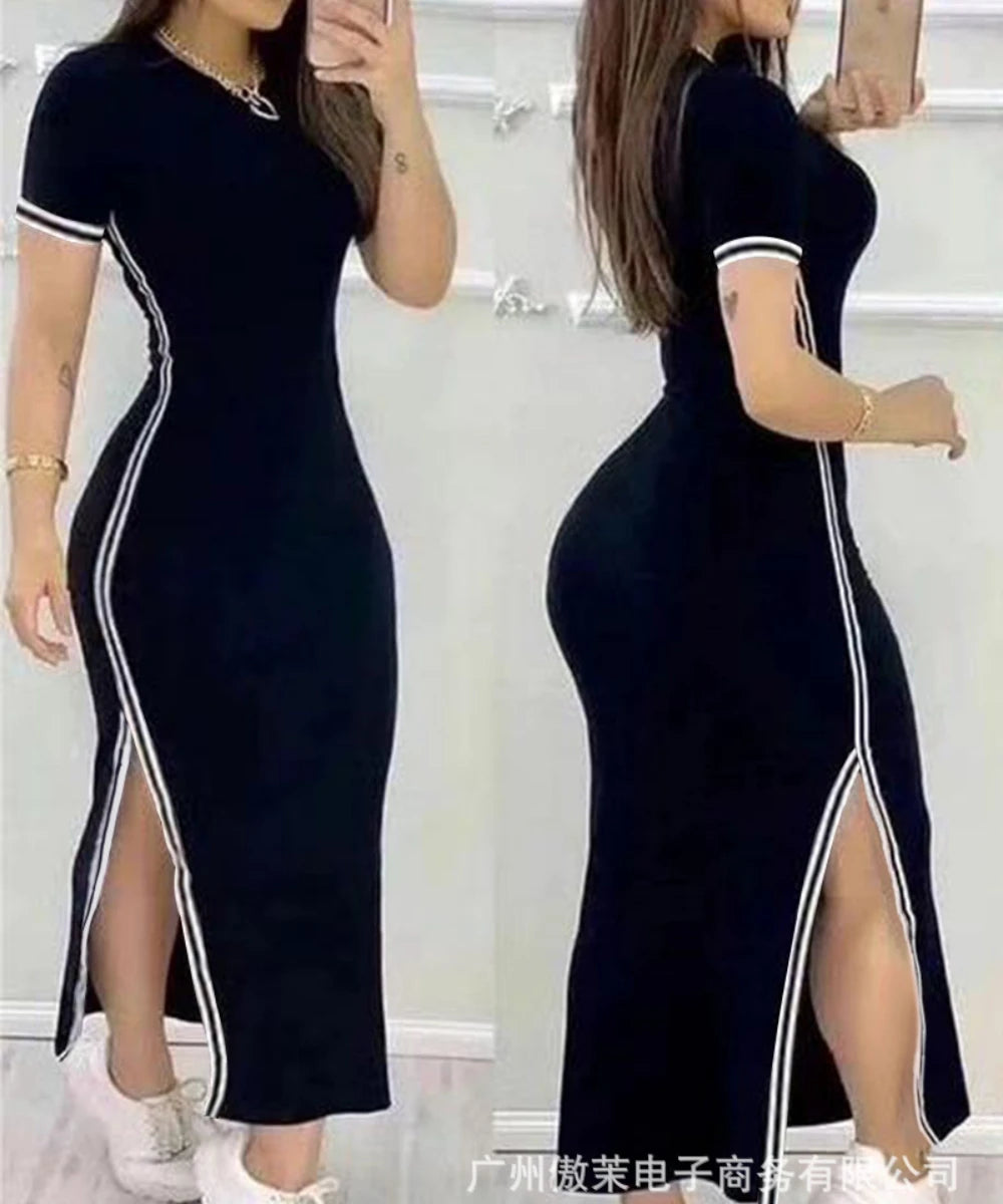 Women's Round Neck and Side Split Short Sleeves Dress
