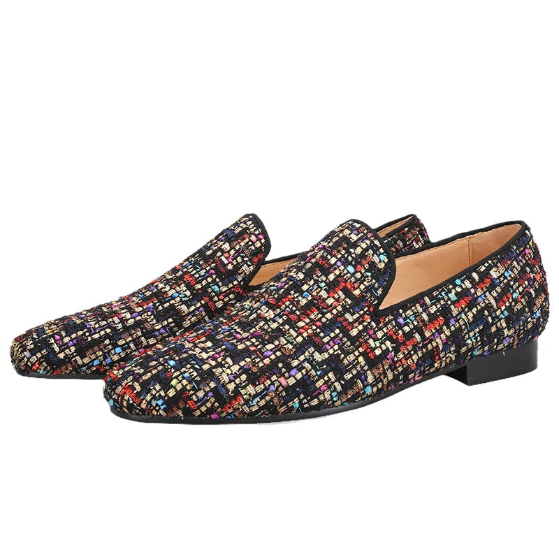New Arrival Men's Red Sole Luxury Chain Style Slip-On Loafers Multicolored Gold Silk Weave Shoes Plus Size