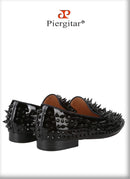 Piergitar Black Patent Leather Men's Loafers With Handmade Different Shapes Of Spikes For Fashion Party CL Brand Red Sole Shoes