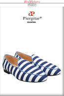 Piergitar 2022 New Arrival Blue And White Stripes Canvas Men Loafers For Party And Prom Handmade Male Slip-On Flats Red Bottom