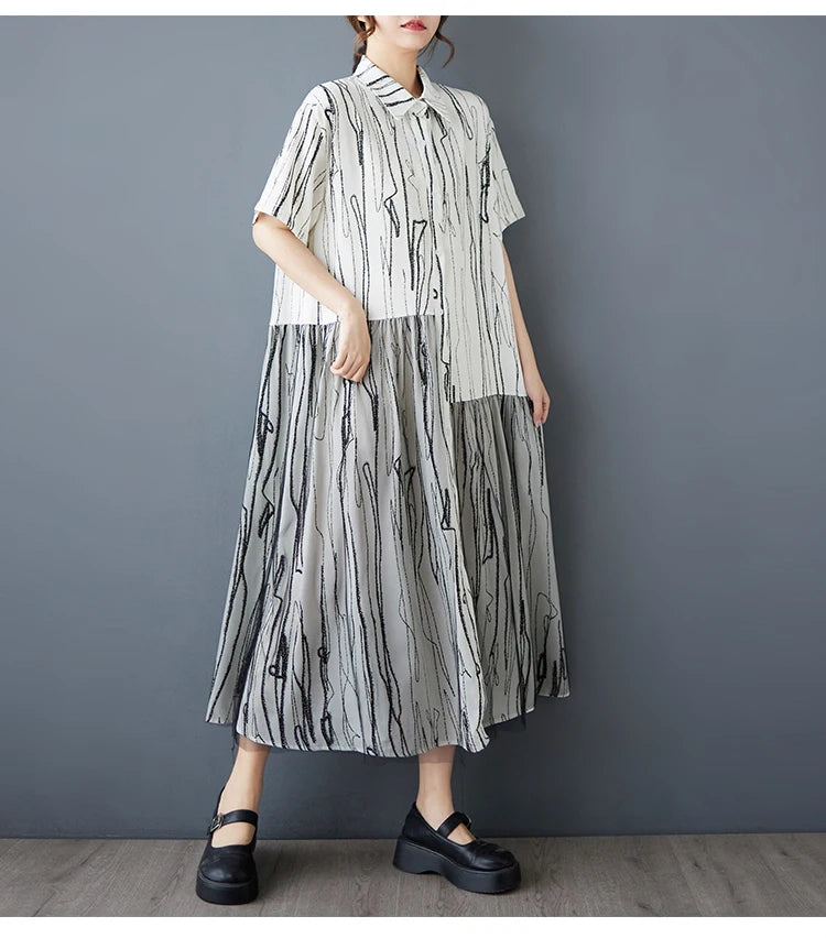 Stripe Print Mid Length Buttoned Midi Dress