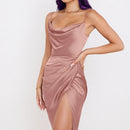 Satin Drawstring Spaghetti Strap Backless Dresses