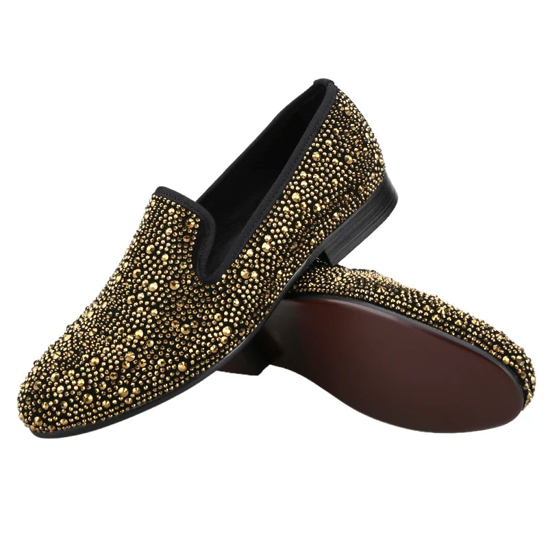 Piergitar 2024 Gold Crystals On Black Suede Slip-on Smoking Slippers Handmade Men's Loafers For Luxury Evening Party And Prom