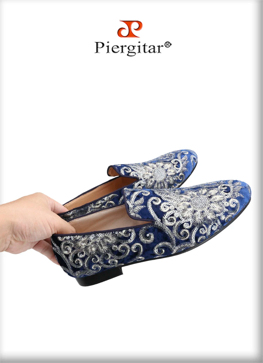 Piergitar Handmade Paisley Pattern Bling Men Velvet Shoes For Party And Wedding Superglamourous Brand Same Model Slip-On Loafers