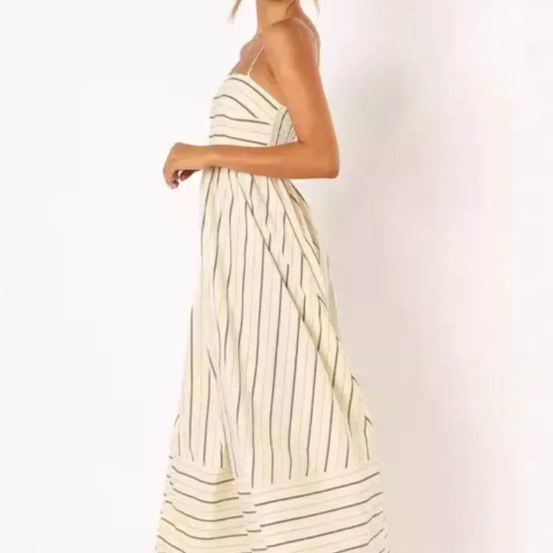 Spring And Summer Striped Vest Backless Large Swing New Dress For Women, Collarless And Sleeveless Oversized Swing Dress