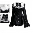 Y2k Aesthetic Lolita Style Bow Dress Shorts Set Japanese Women Gothic Lace Flare Sleeve Button Shirt Dress Punk Party Mini Dress