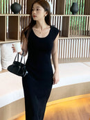 Women's Sleeveless Knit Black Maxi Dress – Elegant Slim Fit Bodycon Summer Long Dress Chic Viscose Old Money Style