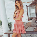 Deep Neck Backless A-Line Summer Embroidery Laces Mini Dresses Woman White pink Spaghetti Strap Beach Wear