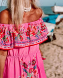 2024 Spring/Summer New Women Retro Fashion One Shoulder Red Flower Printed Waist Collection Long Style Large Swing Casual Dress