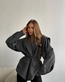 Trendy Lace-up Waist Cinching Blazer Woman Casual V-neck Solid Office Outerwear 2025 Autumn New Commute Long Sleeve Short Coats