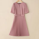 Summer Dress Women V-neck Short Sleeve Solid Pleated